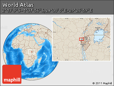 Shaded Relief Location Map of the Area around 1° 55' 32" S, 28° 58' 30" E
