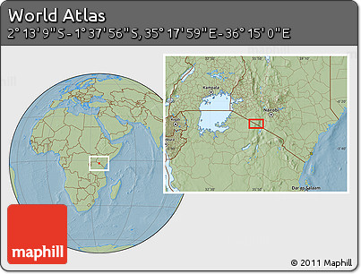 Savanna Style Location Map of the Area around 1° 55' 32" S, 35° 46' 29" E, hill shading