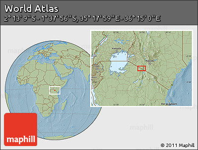 Savanna Style Location Map of the Area around 1° 55' 32" S, 35° 46' 29" E, hill shading
