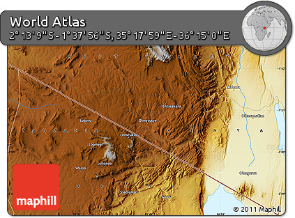 Physical Map of the Area around 1° 55' 32" S, 35° 46' 29" E