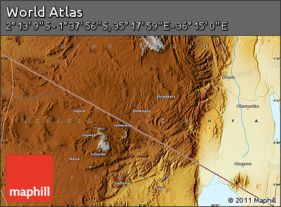 Physical Map of the Area around 1° 55' 32" S, 35° 46' 29" E