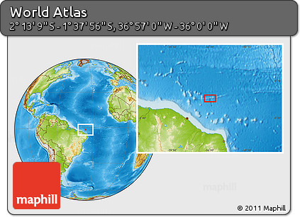 Physical Location Map of the Area around 1° 55' 32" S, 36° 28' 30" W