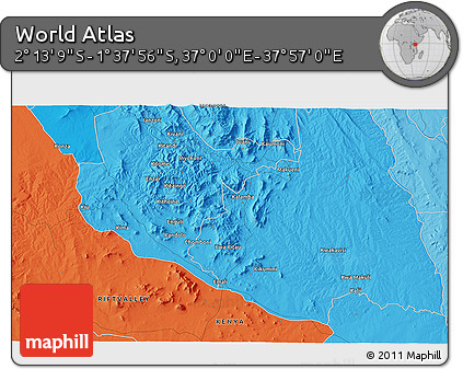 Political 3D Map of the Area around 1° 55' 32" S, 37° 28' 30" E