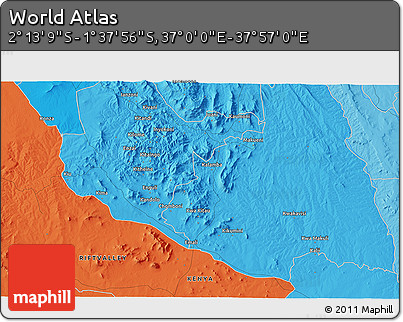 Political 3D Map of the Area around 1° 55' 32" S, 37° 28' 30" E
