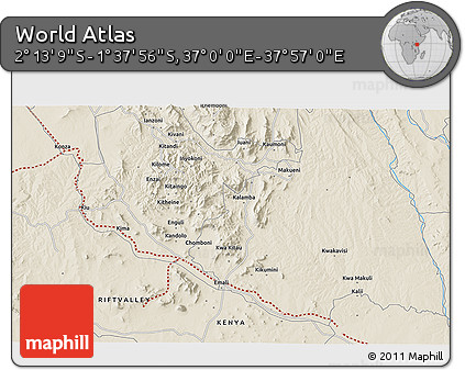 Shaded Relief 3D Map of the Area around 1° 55' 32" S, 37° 28' 30" E