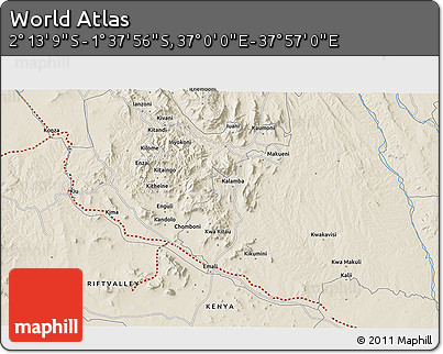 Shaded Relief 3D Map of the Area around 1° 55' 32" S, 37° 28' 30" E