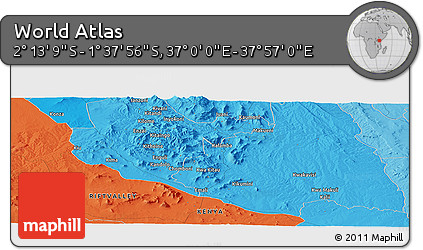 Political Panoramic Map of the Area around 1° 55' 32" S, 37° 28' 30" E