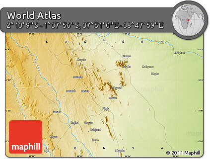 Physical Map of the Area around 1° 55' 32" S, 38° 19' 30" E