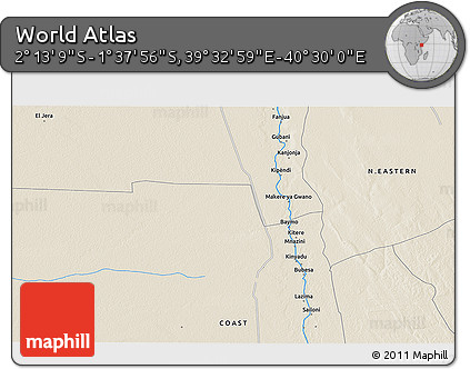 Shaded Relief 3D Map of the Area around 1° 55' 32" S, 40° 1' 29" E