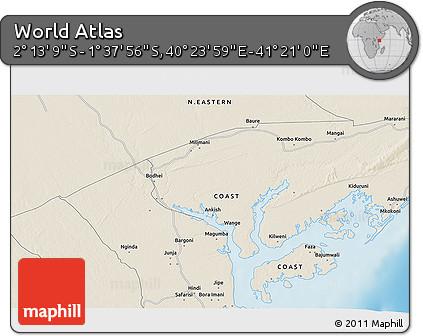Shaded Relief 3D Map of the Area around 1° 55' 32" S, 40° 52' 30" E