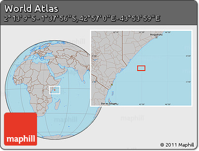 Gray Location Map of the Area around 1° 55' 32" S, 43° 25' 29" E