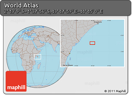Gray Location Map of the Area around 1° 55' 32" S, 44° 16' 29" E