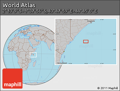 Gray Location Map of the Area around 1° 55' 32" S, 44° 16' 29" E