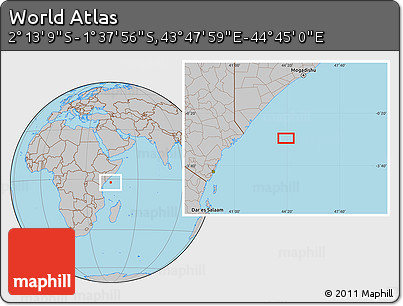 Gray Location Map of the Area around 1° 55' 32" S, 44° 16' 29" E