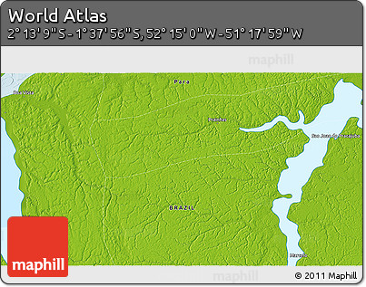 Physical 3D Map of the Area around 1° 55' 32" S, 51° 46' 29" W