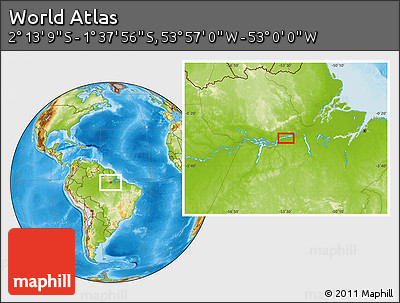 Physical Location Map of the Area around 1° 55' 32" S, 53° 28' 30" W