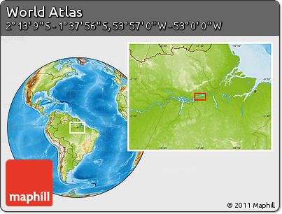 Physical Location Map of the Area around 1° 55' 32" S, 53° 28' 30" W