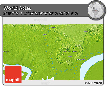 Physical 3D Map of the Area around 1° 55' 32" S, 54° 19' 30" W