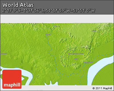 Physical 3D Map of the Area around 1° 55' 32" S, 54° 19' 30" W