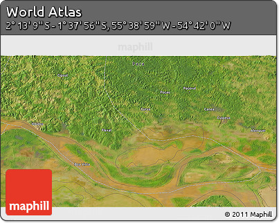 Satellite 3D Map of the Area around 1° 55' 32" S, 55° 10' 29" W