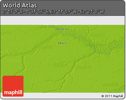 Physical 3D Map of the Area around 1° 55' 32" S, 62° 49' 30" W