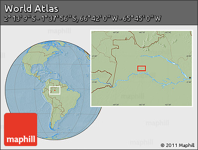 Savanna Style Location Map of the Area around 1° 55' 32" S, 66° 13' 29" W, hill shading