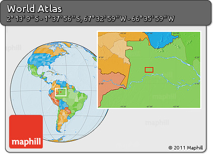 Political Location Map of the Area around 1° 55' 32" S, 67° 4' 29" W