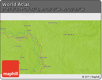 Physical 3D Map of the Area around 1° 55' 32" S, 73° 1' 30" W