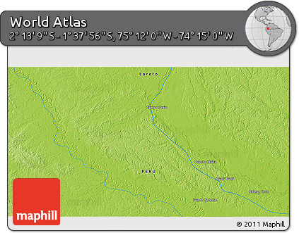 Physical 3D Map of the Area around 1° 55' 32" S, 74° 43' 29" W