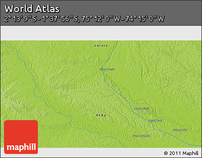 Physical 3D Map of the Area around 1° 55' 32" S, 74° 43' 29" W