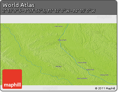 Physical 3D Map of the Area around 1° 55' 32" S, 74° 43' 29" W