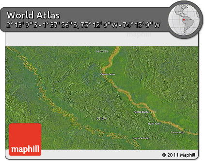 Satellite 3D Map of the Area around 1° 55' 32" S, 74° 43' 29" W