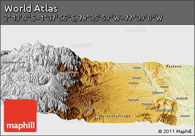 Physical Panoramic Map of the Area around 1° 55' 32" S, 78° 7' 30" W