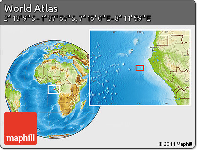 Physical Location Map of the Area around 1° 55' 32" S, 7° 43' 29" E