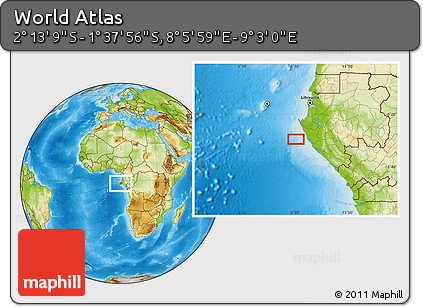 Physical Location Map of the Area around 1° 55' 32" S, 8° 34' 29" E