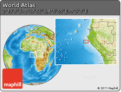 Physical Location Map of the Area around 1° 55' 32" S, 8° 34' 29" E