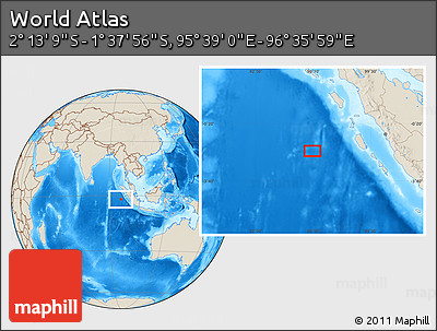 Shaded Relief Location Map of the Area around 1° 55' 32" S, 96° 7' 30" E