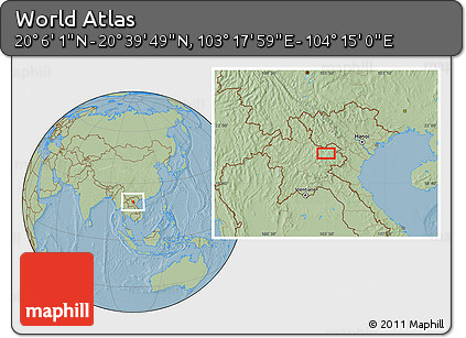 Savanna Style Location Map of the Area around 20° 22' 55" N, 103° 46' 30" E, hill shading
