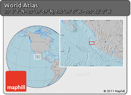Gray Location Map of the Area around 20° 22' 55" N, 106° 10' 30" W, hill shading