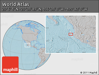 Gray Location Map of the Area around 20° 22' 55" N, 106° 10' 30" W, hill shading