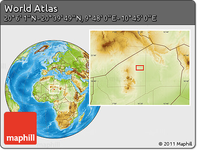 Physical Location Map of the Area around 20° 22' 55" N, 10° 16' 30" E