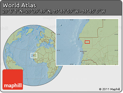 Savanna Style Location Map of the Area around 20° 22' 55" N, 15° 13' 29" W, hill shading