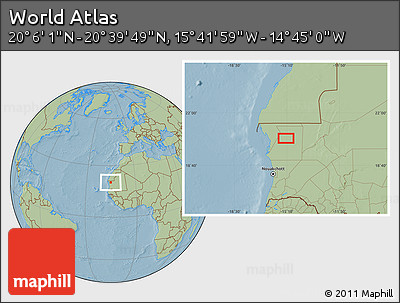 Savanna Style Location Map of the Area around 20° 22' 55" N, 15° 13' 29" W, hill shading