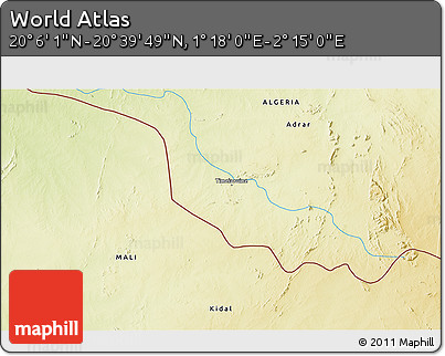 Physical 3D Map of the Area around 20° 22' 55" N, 1° 46' 29" E