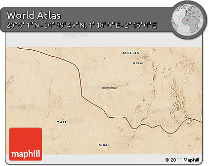 Satellite 3D Map of the Area around 20° 22' 55" N, 1° 46' 29" E