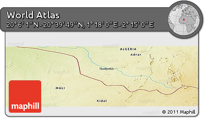 Physical Panoramic Map of the Area around 20° 22' 55" N, 1° 46' 29" E