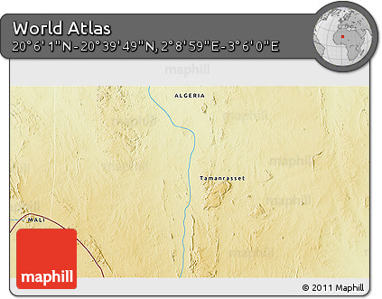 Physical 3D Map of the Area around 20° 22' 55" N, 2° 37' 30" E