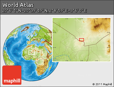Physical Location Map of the Area around 20° 22' 55" N, 2° 37' 30" E