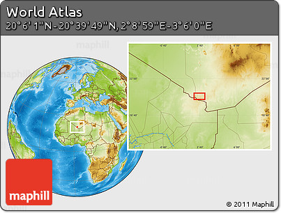 Physical Location Map of the Area around 20° 22' 55" N, 2° 37' 30" E