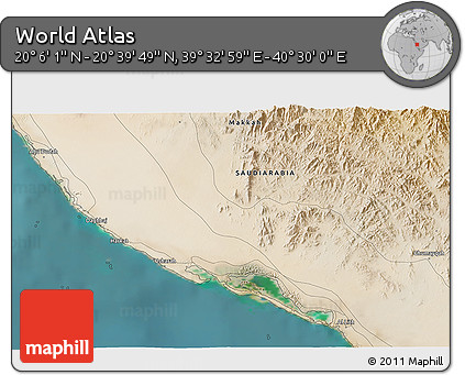 Satellite 3D Map of the Area around 20° 22' 55" N, 40° 1' 29" E
